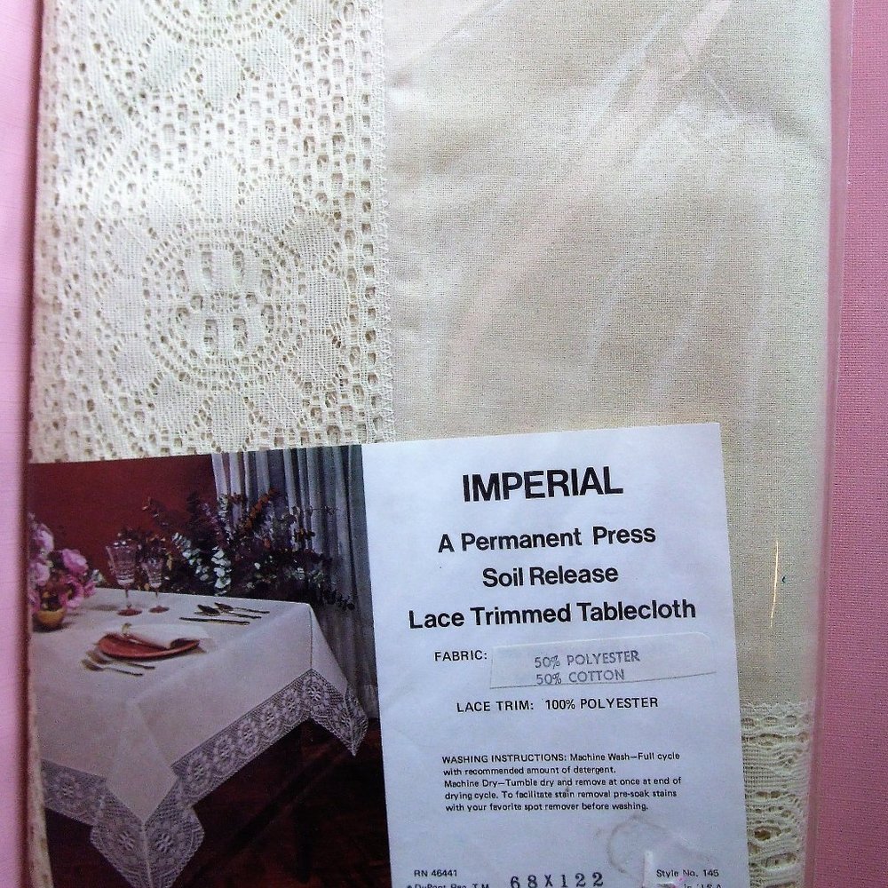 Imperial Lace Trimmed Tablecloth. 68 Inches by  122 Inches In Cream Color